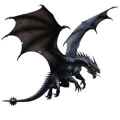 A fearsome black dragon with large wings spread wide, depicted in a dynamic pose as if in flight, isolated on white background