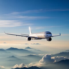 Fototapeta premium Airplane cruising gracefully above a sea of clouds against a blue sky