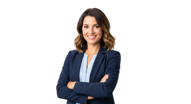 Confident businesswoman in navy suit with arms crossed isolated on transparent background, portraying professionalism, leadership, and success in corporate world