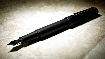 nib. Elegant fountain pen resting on a textured surface, captured from an overhead angle with warm lighting for a sophisticated look. lifestyle magazines.