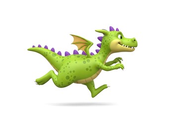 A happy, energetic, green cartoon dragon running with a big smile and a determined look, isolated on a white background