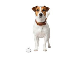 Pristine Jack Russell Terrier, white coat, brown patches around ears, dark brown leather collar, silver ID tag, posed on seamless transparent background, commercial product display concept