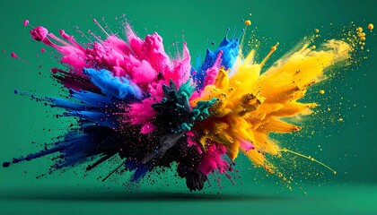 A vibrant CMYK color explosion featuring dynamic splashes of blue, pink, yellow, and black on a green background.