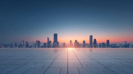 Sunset view of modern city skyline with empty square