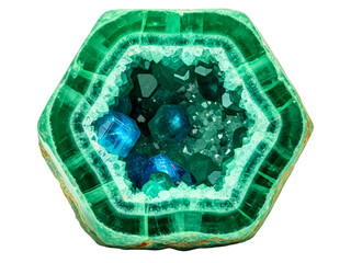 Hexagonal geode cross-section with green and blue crystal formations on a transparent background