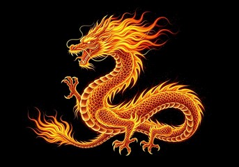 A vibrant orange and red chinese dragon, depicted with fiery mane and scales, emerges from darkness with an intense, powerful presence, symbolizing energy and good fortune