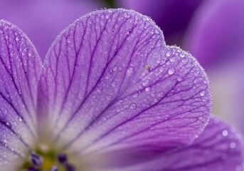 Closeup macro photograph of a delicate purple flower petal covered in glistening water droplets after a rain shower, showcasing intricate texture and vibrant color