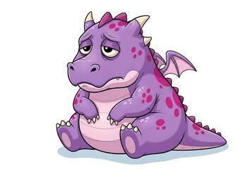 A cute and sad cartoon dragon, sitting down with a gloomy expression, isolated on a white background, perfect for childrens stories or playful designs