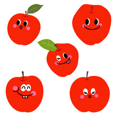 Set of Cute Apple Characters with Various Funny Expressions. Five Red Apple Mascots Showing Different Emotions and Wacky Poses.
