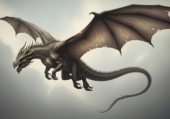 A majestic and powerful dragon in flight, soaring through a cloudy sky with its wings outstretched, showcasing its formidable presence and wild nature