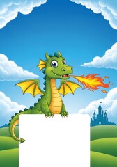 A green cartoon dragon breathing fire over a blank sign with a castle in the background under a cloudy blue sky