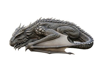 Realistic stone dragon sculpture, lying down with wings folded, isolated on a white background, evoking a sense of ancient power and mythical presence