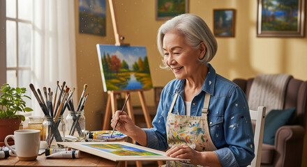  An elderly individual (70s, diverse) is happily engaged in a hobby, such as painting in a sunlit art studio or gardening in a beautiful backyard. Their face shows contentment and joy, highlighting . 