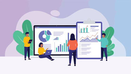 Fototapeta premium Vector art of business analytics and data visualization with people analyzing charts and graphs on laptop and computer screen, teamwork and strategy concept 