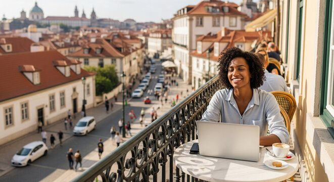  A young professional (30s, diverse) is working remotely on a laptop from a scenic cafe terrace overlooking a bustling, charming European city. They are smiling, enjoying the freedom and flexibility .
