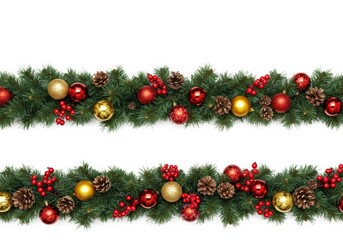 Christmas garland border with ornaments and pine cones on white background.