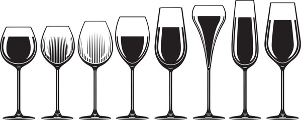  Vector Set of Alcohol Glasses &ndash; Red Wine, White Wine, Champagne, and Sparkling Drinks