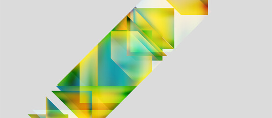 Abstract geometric shapes overlap, creating vibrant color gradients. Yellows, greens, blues blend into modern design. Minimalist composition.