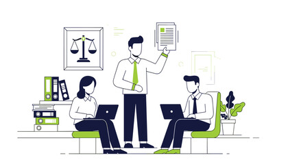 Vector art of business meeting with a team of professionals discussing documents and working on laptops