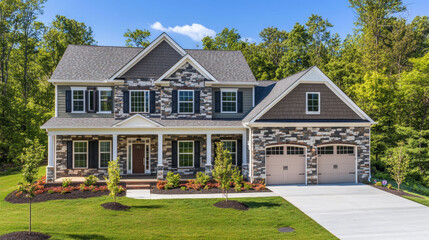 A single-story home with stone and siding has double wooden doors on the porch, steep rooflines, and large windows. Twilight lighting highlights landscaping and trees.