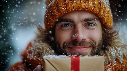 Surprised man holding gift box in studio