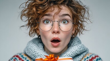 Surprised woman with glasses holding gift box