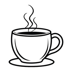 coffee cup, steaming, hot drink, ceramic mug, black and white, line art, minimalist, vector illustration
