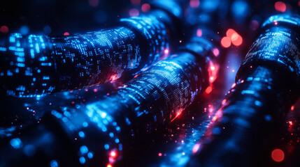 Advanced technology illuminated by digital patterns in a futuristic pipe structure with glowing elements