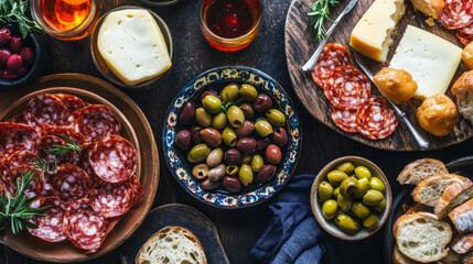 Table filled with tapas plates, olives, cheese, bread