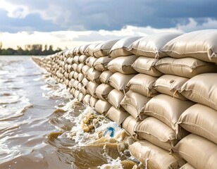 Flood barrier of sandbags in murky water