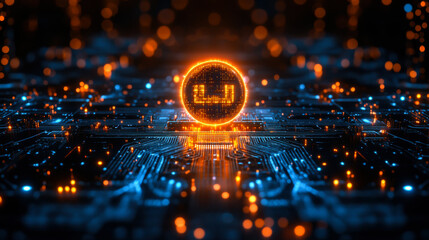 Digital currency symbol illuminated on a futuristic circuit board in a vibrant tech landscape