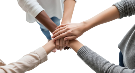 Diverse hands join together in a show of unity and teamwork, symbolizing collaboration and support isolated on transparent background