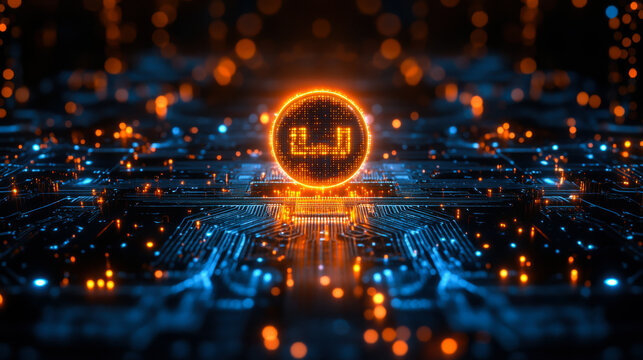 Digital currency symbol illuminated on a futuristic circuit board in a vibrant tech landscape
