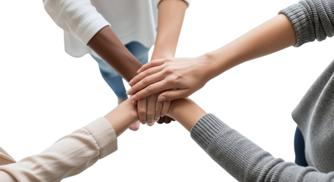 Diverse hands join together in a show of unity and teamwork, symbolizing collaboration and support isolated on transparent background