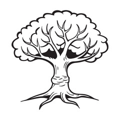 detailed drawing of a tree, wide trunk with gnarled branches spreading out into a full, lush canopy, black and white, high contrast, intricate linework, woodcut style
