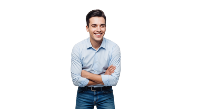 Portrait of a happy young man with crossed arms, smiling confidently isolated on transparent background