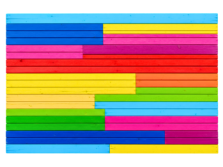 Colorful wall of wooden planks painted in different bright colors on a transparent background