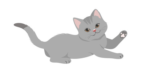 Playful grey British Shorthair kitten with paw raised against white background, concept for pet adoption, veterinary clinic, or animal shelter advertisement See Less