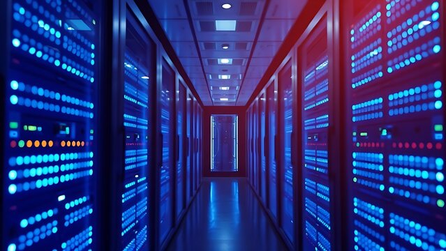 An abstract view of a server room with a atmospheric glow from numerous blue LED lights creating a gradient effect. - Powered by Adobe