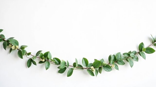 Vibrant green vine with delicate white blossoms gracefully cascades across a clean white background