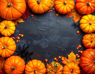 Dark textured background with glowing Halloween elements pumpkins, autumn leaves