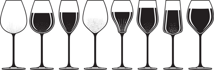  Elegant Wine and Champagne Glass Vector Set – Red Wine, White Wine, and Sparkling Drink Illustration