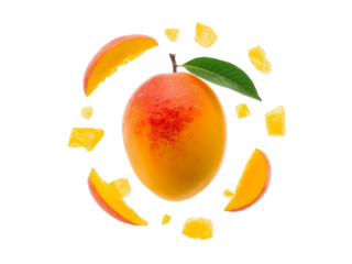 Fresh Ripe Mango Fruit With Slices And Cubes Arranged In A Circle