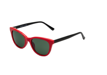 Vibrant scarlet red 1950s cat-eye sunglasses with dark emerald green lenses and a microfibre cloth, isolated on a transparent background, shadowless studio light, concept for premium eyewear product