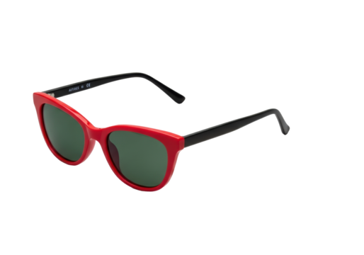 Vibrant scarlet red 1950s cat-eye sunglasses with dark emerald green lenses and a microfibre cloth, isolated on a transparent background, shadowless studio light, concept for premium eyewear product