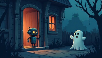 Robot and Ghost in Halloween Pixel Art Style