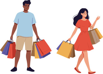 Shopping, sale, bags, red dress, blue shirt, waving, casual clothing, couple, walk, cheerful, consumerism
