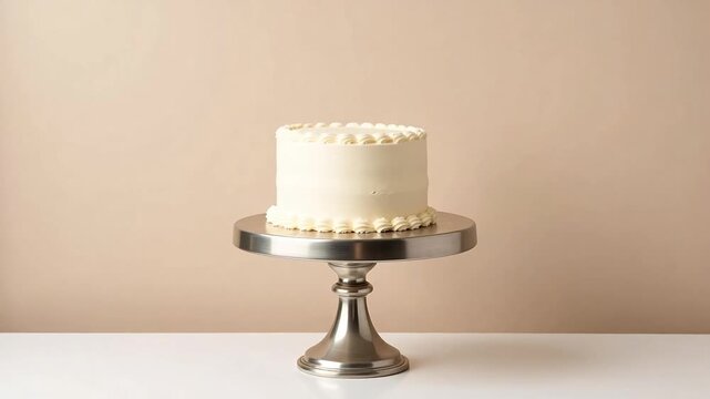 Elegant white frosted cake presented on a silver pedestal, ready for celebration and indulgence.