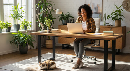 A solo business owner (30s, diverse) is happily working on their laptop from a beautifully designed home office, with a pet (e.g., a cat) curled up nearby, symbolizing work-life balance and personal .