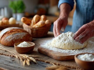 Hands Sifting Flour onto Dough on Wooden Surface in a Kitchen Setting